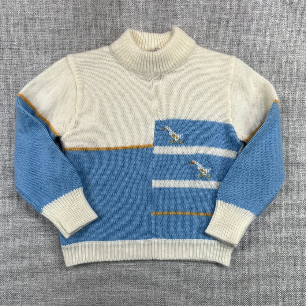 VTG 90s Jacobsons Knit Sweater Youth L Blue Cream Ducks Colorblock Made in Italy